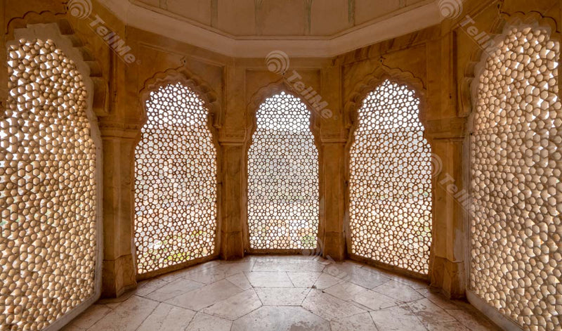 Beautifully Patterned Windows with Fine Stonework Mesh at Amer Fort, Jaipur, India