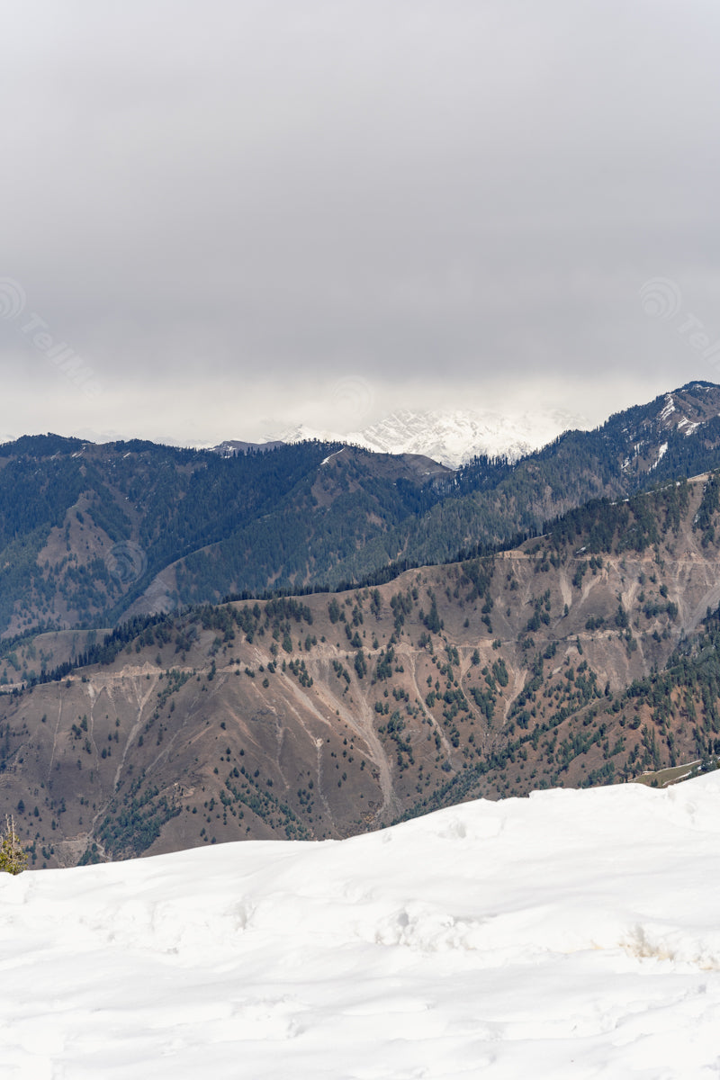 Panoramic Winter Wonderland: Glacier, Peaks, Forest, and Snowfall in Bhaderwah Valley, Jammu in India
