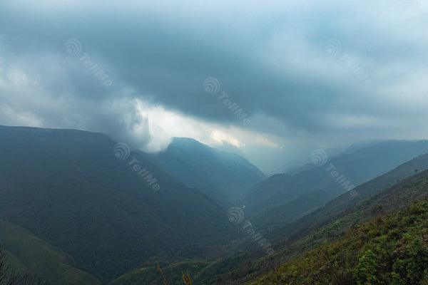 Misty Mountain Valley with Gloomy Clouds in Cherrapunji, Meghalaya, India