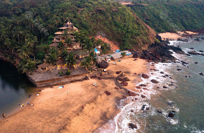 Cola Beach, Goa: A Stunning Aerial View of a Lagoon Formed by a River Flowing into the Arabian Sea, Separated by a Strip of Sand and Coconut Palm Trees