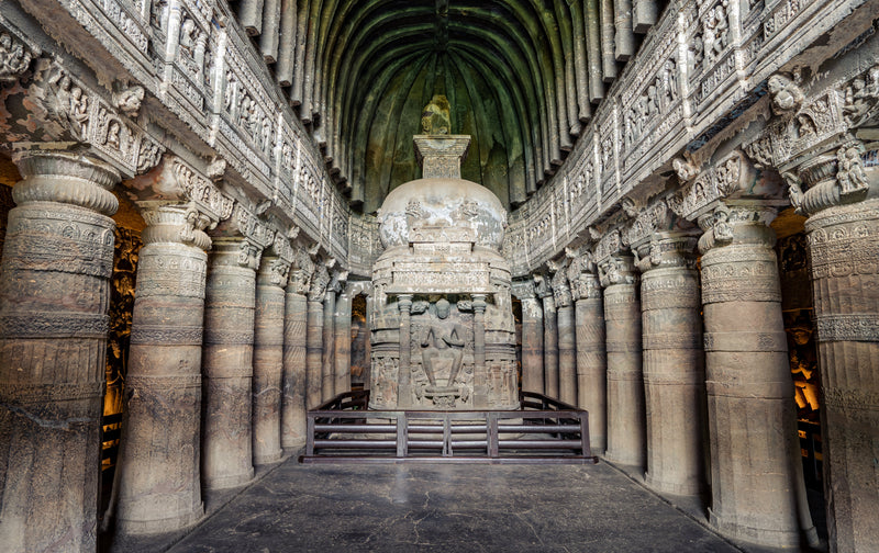 Ancient Rock Carved Seating Buddha Satue inside Ajanta Cave Maharashtra