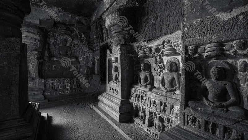 Buddha Stone Carvings in Interior section of Jain Temple , Ellora Caves, Aurangabad