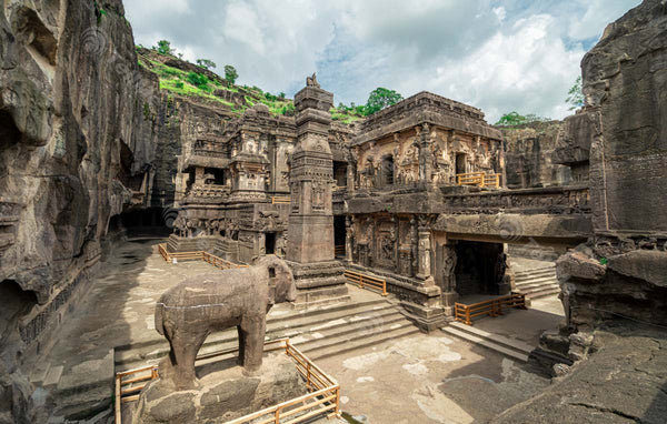 Ellora Caves: Elephant Satue, Kailasanath Temple square, exquisite stone carvings in Aurangabad, Maharashtra