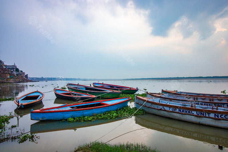 Boats Sail on the Holy Ganges River at Assi Ghat, Varanasi, Uttar Pradesh