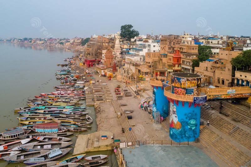 Pilgrims and Boats at Assi Ghat, Varanasi: Aerial View from Banaras, Uttar Pradesh