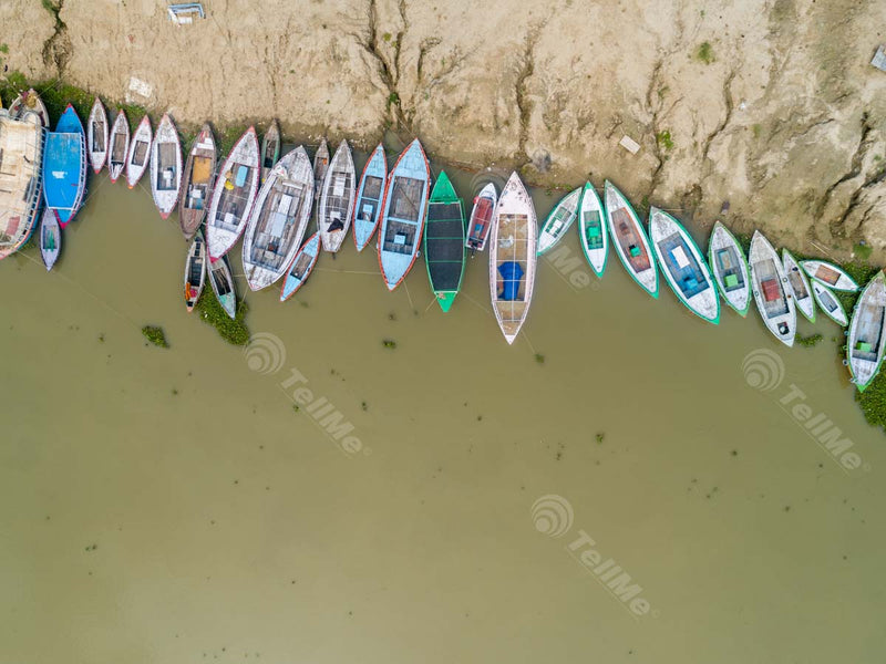 Drone Footage of Boats Anchored together at Assi Ghat in Banaras, Uttar Pradesh