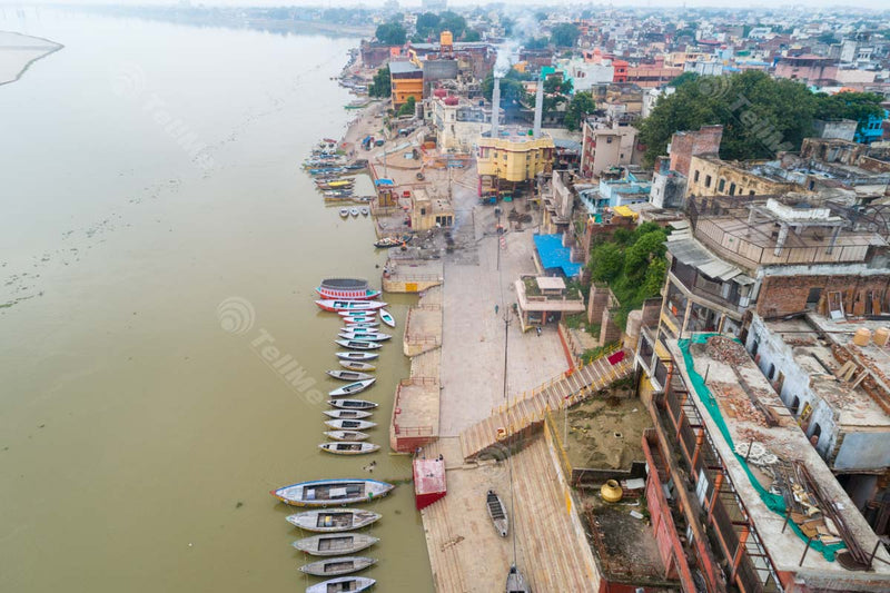 Assi Ghat in Varanasi, Uttar Pradesh: Stunning Aerial View of Numerous Docked Boats