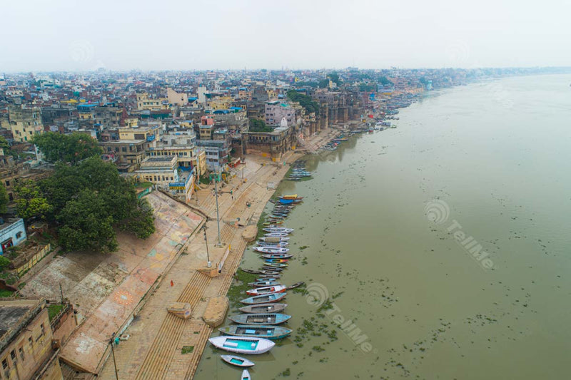 Discover the Awe-Inspiring Assi Ghat from Above - Varanasi's Beautiful Temples, Houses, and Boats on Full Display