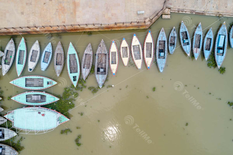 Aerial Serenity: Varanasi Ghats and Moored Boats at Assi Ghat, Banaras, Uttar Pradesh