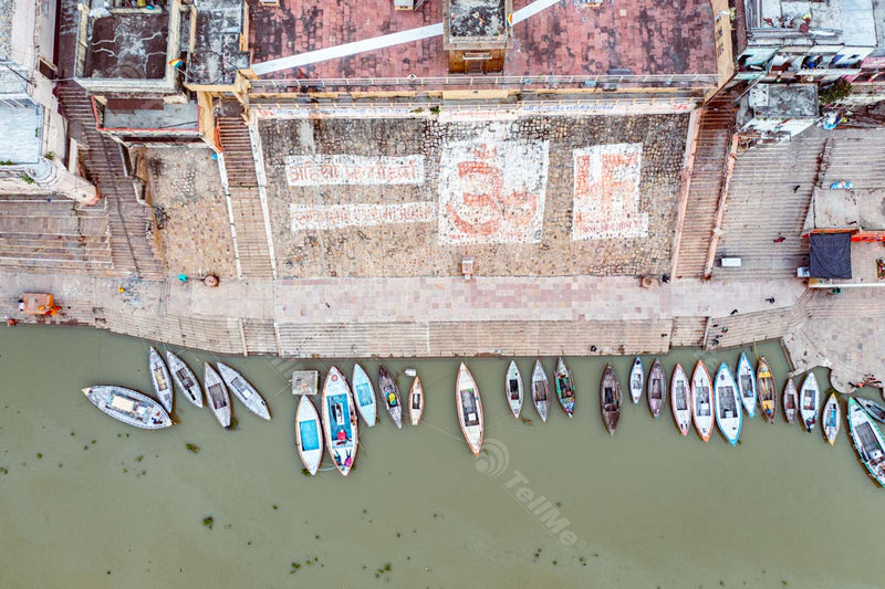Serenity from Above: Assi Ghat and Moored Boats in Varanasi, Uttar Pradesh