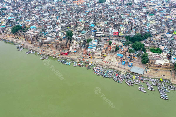 Aerial View: Ghats of Varanasi with Assi Ghat and Vibrant Surroundings in Banaras, Uttar Pradesh
