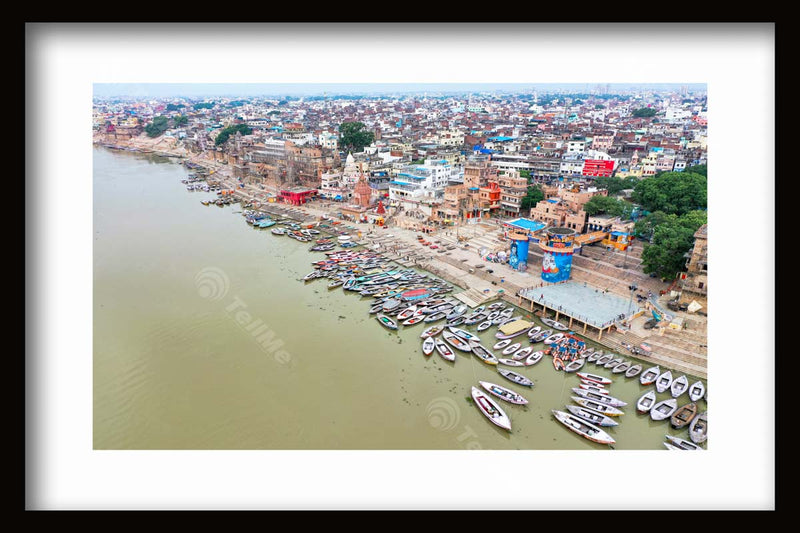Assi Ghat from Above: Boats, Temples, and Pilgrims in Varanasi's Aerial Vista, Uttar Pradesh