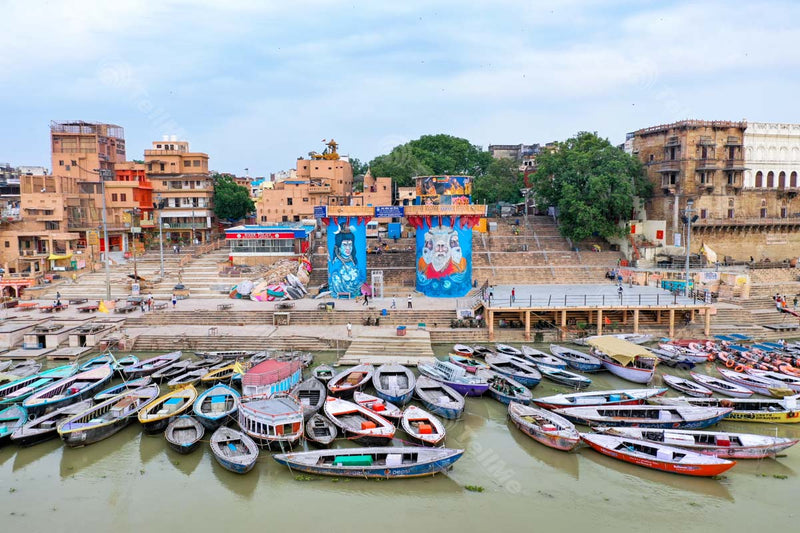 Assortment of Docked Boats at Assi Ghat, Varanasi (Uttar Pradesh)