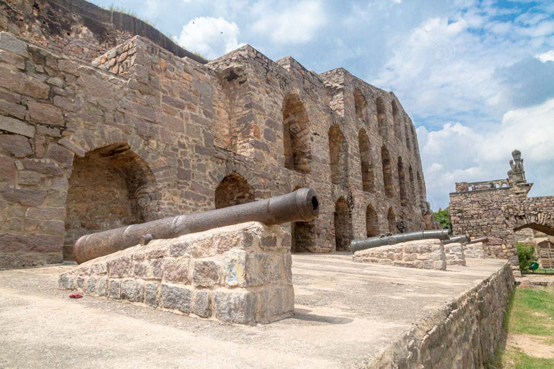Closer angle view of the Stunning Cannons: Historic Relics at Golconda Fort, Hyderabad, Telangana