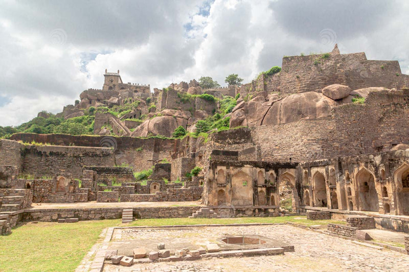 Cloudy Sky over Historic Site of Golconda Fort Ruins