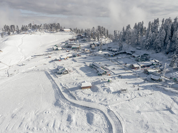 Aerial View: Gulmarg main market with Resorts, Houses, and Tourist Centers in Kashmir, India