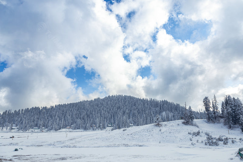 Snowy Mountains: Scenic View of Landscape under Cloudy Sky in Gulmarg, Kashmir, India