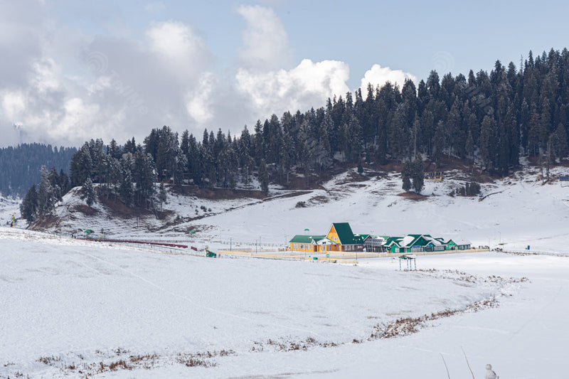 Snowy Serenity: Charming Resorts amidst Winter Landscape in Gulmarg, Kashmir, India