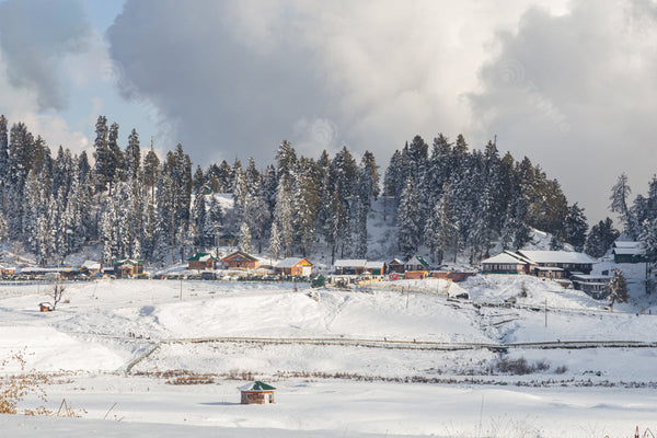 Winter Village: Houses, Resorts, and Huts Amidst Snowy Pasture in Gulmarg, Kashmir, India