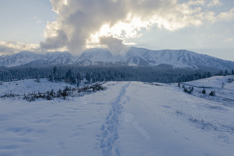 Snowscape Unveiled: Majestic Snowcapped Mountain in View in Gulmarg, Kashmir, India