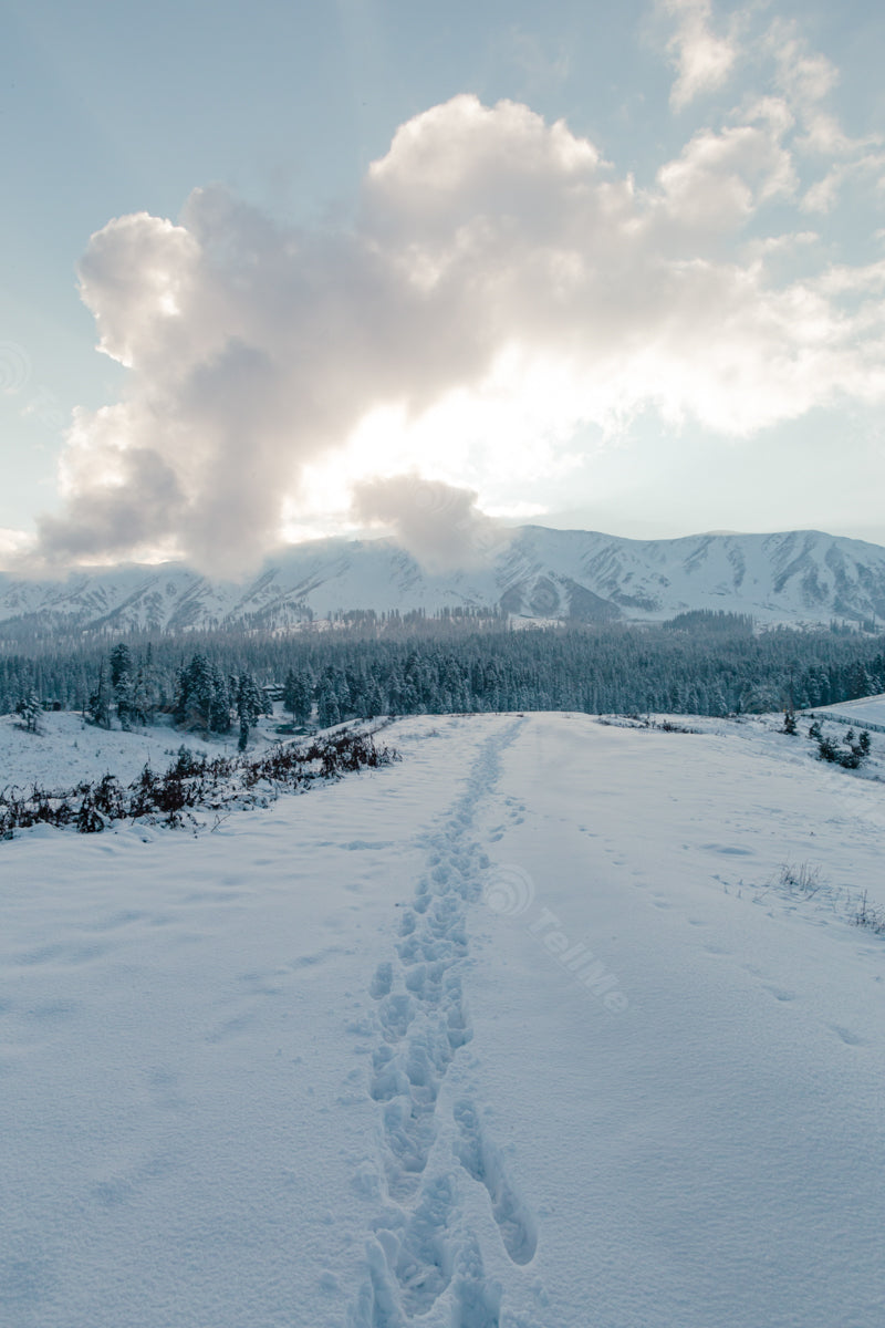 Clouds Descending on Snowy Trails and Mountains: A Breathtaking Sight in Gulmarg, Kashmir, India