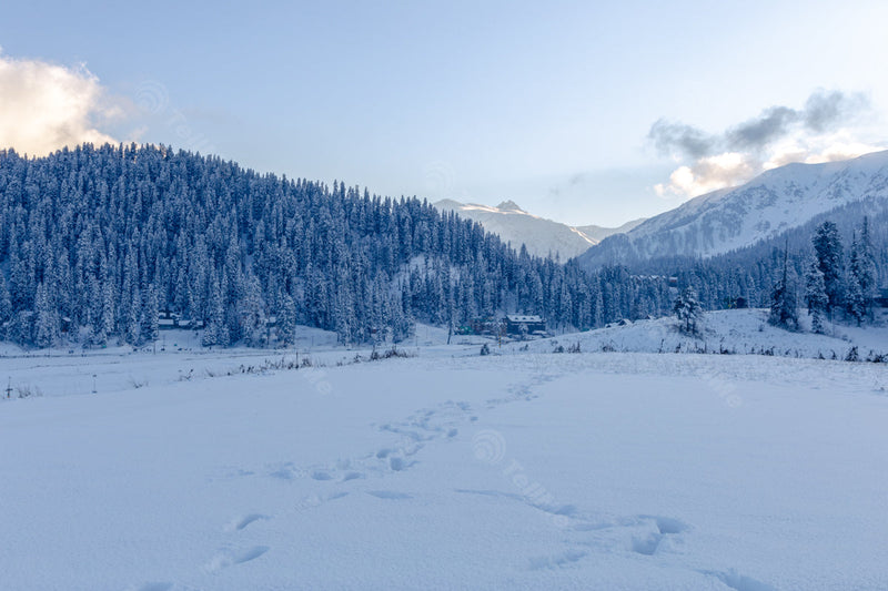 Panoramic Winter View: Snow-Capped Mountains and Landscape usual tourist point in Gulmarg, Kashmir, India