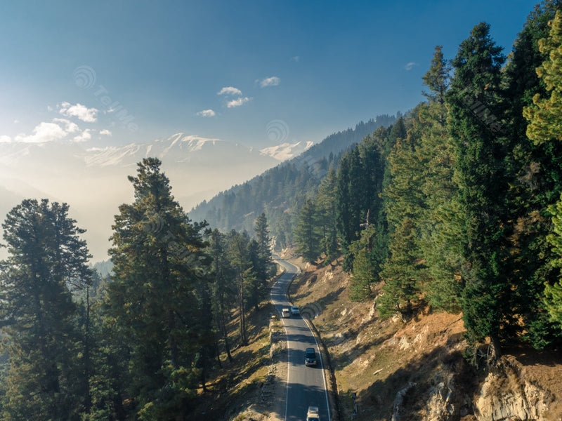 Bird's eye view of the Valley road in Gulmarg, with its swirly and curved roads in Kashmir, India