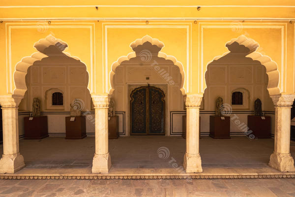Stone pillars and idols showcased in the interior of Hawa Mahal, the Palace of Winds, located in Jaipur, Rajasthan