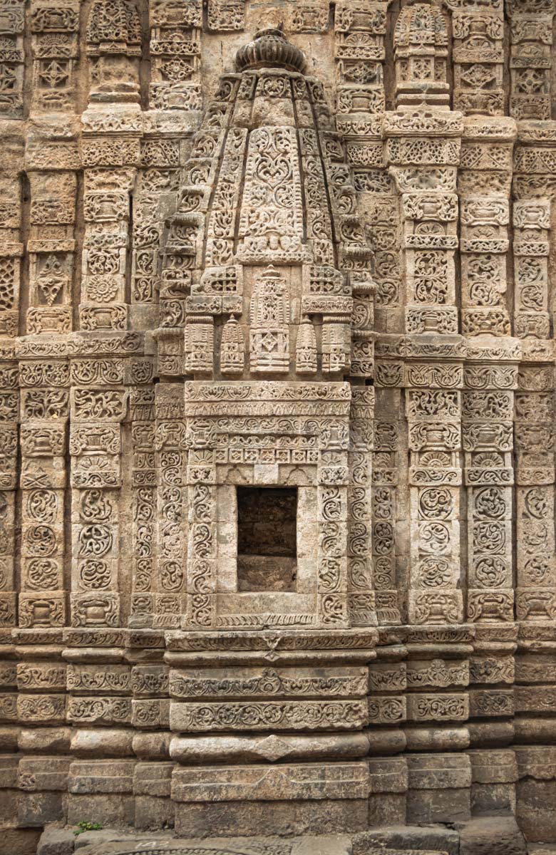 Zoomed -in view of the exquisite artwork at Lakshmi Narayan Temple in Kangra Fort, Himachal Pradesh, India