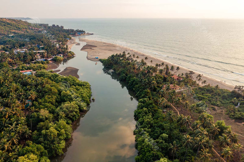 Aerial View: Tropical Paradise - Lake Connecting Mandrem Beach, Goa