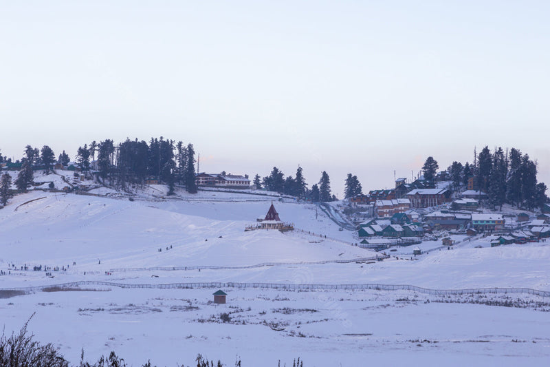 Snowy Pasture around Mohinishwar Shiva temple in Winter in Gulmarg, Kashmir, India
