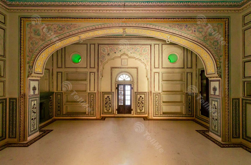 Interior view of architecture with intricate wall artwork and carvings of Nahargarh Fort in Aravalli Hills