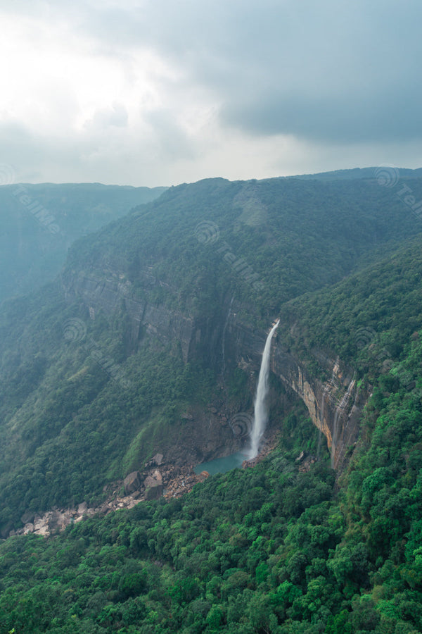 Spectacular Plunge: Nohkalikai Falls from Above in Cherrapunji, Meghalaya in India