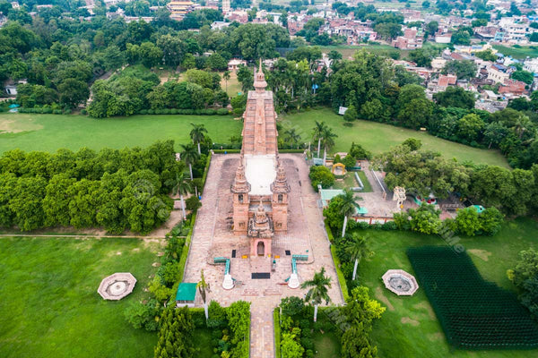 Sarnath Temple from Above: A Majestic Sight Amidst Lush Greenery and Villages in Banaras, Uttar Pradesh