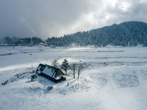 St Mary's Church in Winter Wonderland: A Snowy Aerial View of Gulmarg in Kashmir, India