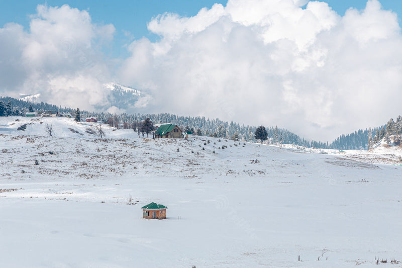 Serene picture of Snowy Gulmarg Forest and St Mary's Church in Kashmir in India