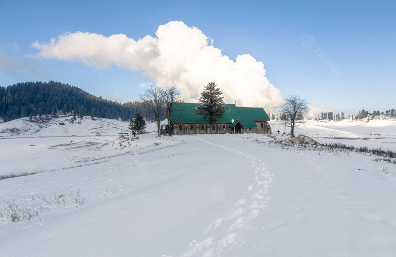 Serene Snowy Day: St Mary's Church and Forest View in Gulmarg, Kashmir, India