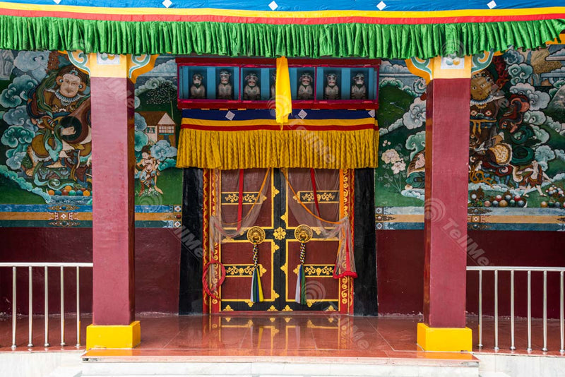 Exquisite Artistry: Adorned Walls and Pillars of the Tibetan Temple in Sarnath, Uttar Pradesh