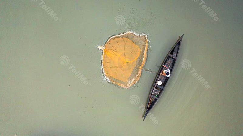 A Fisherman's Traditional Net Casting in Vembanad, Kumarakom, Kerala: An Aerial View